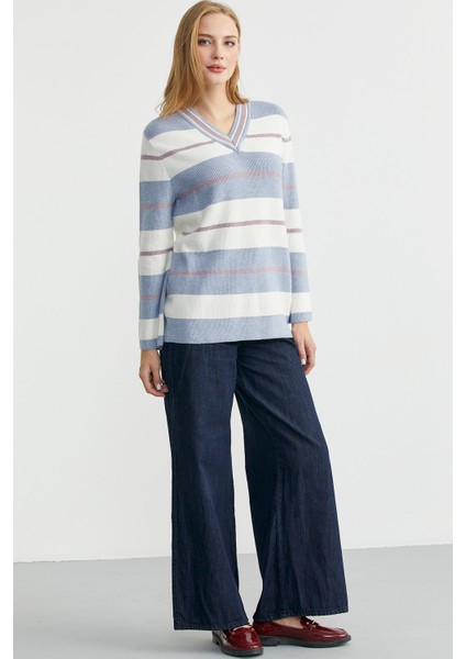 Çizgili V Yaka Triko Kazak - Mavi fırsatları