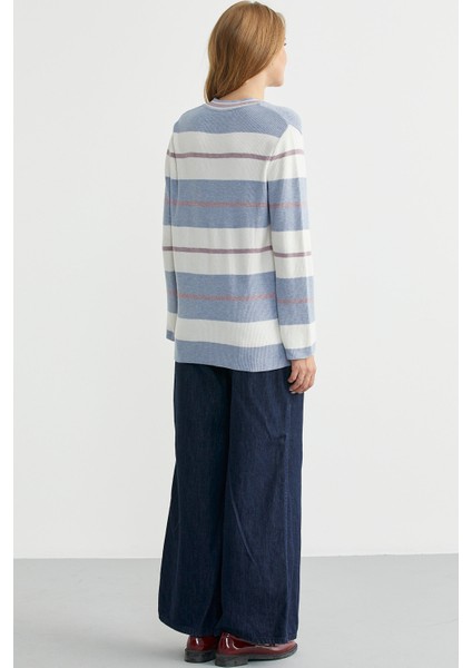 Çizgili V Yaka Triko Kazak - Mavi indirimleri