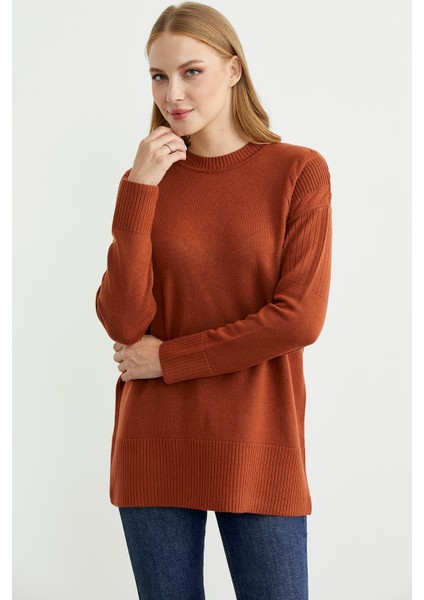 Kol Detaylı Sıfır Yaka Tunik Triko Kazak - Kiremit fiyatları