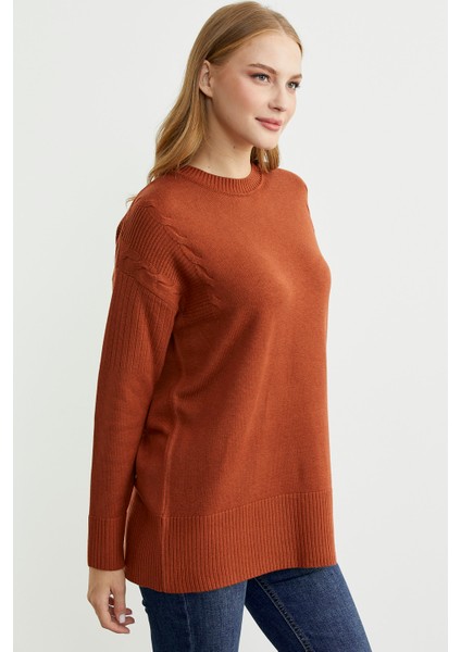 Kol Detaylı Sıfır Yaka Tunik Triko Kazak - Kiremit modelleri