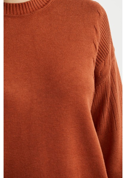 Kol Detaylı Sıfır Yaka Tunik Triko Kazak - Kiremit fırsatları