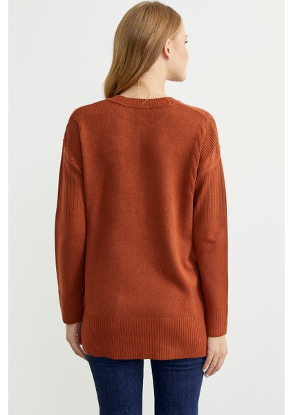 Kol Detaylı Sıfır Yaka Tunik Triko Kazak - Kiremit indirimleri