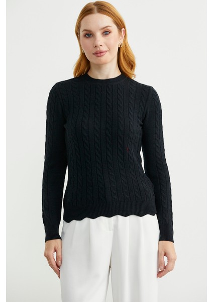 Dilimli Saç Örgülü Triko Kazak - Siyah