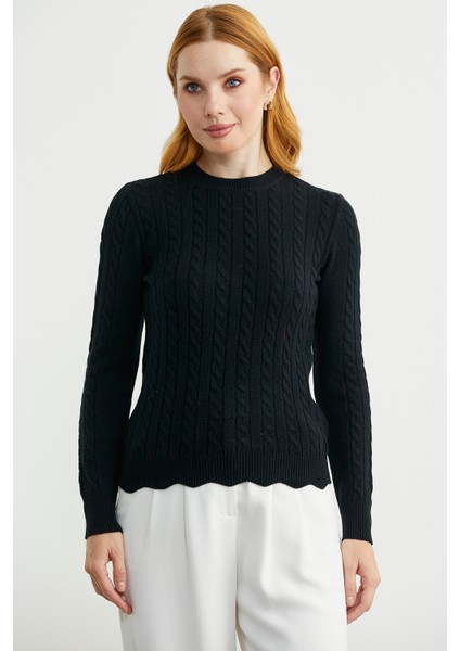 Dilimli Saç Örgülü Triko Kazak - Siyah fiyatları