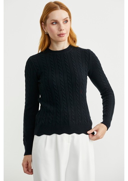 Dilimli Saç Örgülü Triko Kazak - Siyah modelleri