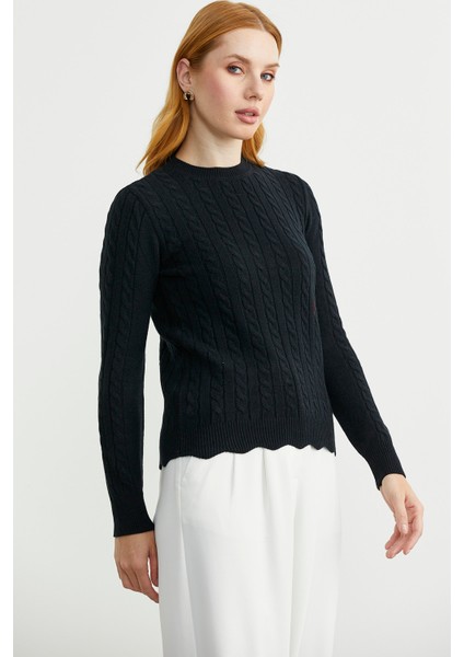 Dilimli Saç Örgülü Triko Kazak - Siyah fırsatları