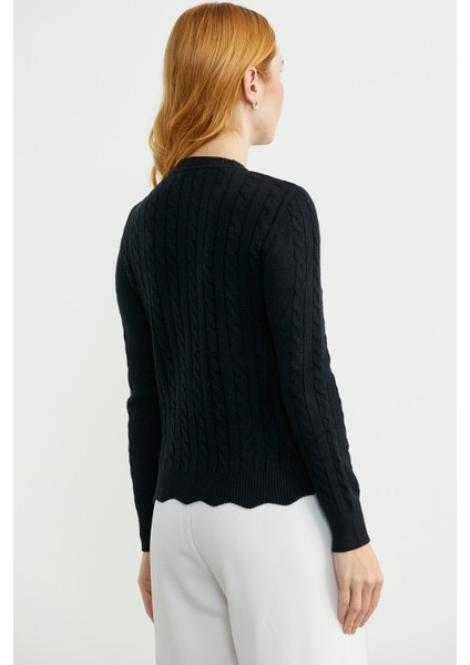 Dilimli Saç Örgülü Triko Kazak - Siyah indirimleri