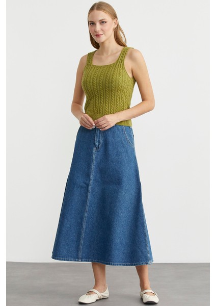 Saç Örgü Kare Yaka Triko Atlet - Yeşil modelleri