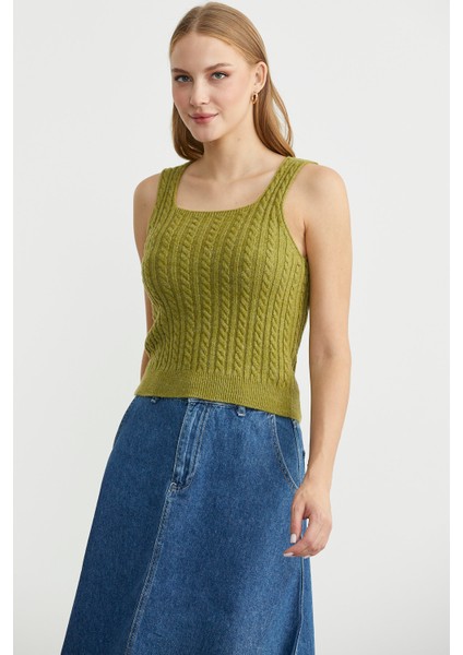 Saç Örgü Kare Yaka Triko Atlet - Yeşil fırsatları