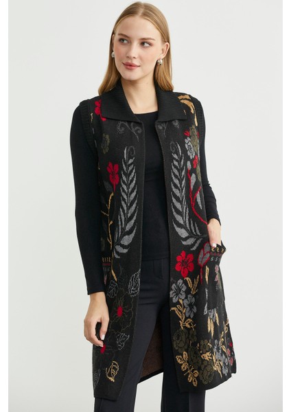 Renkli Çiçek Motifli Yünlü Uzun Triko Yelek - Siyah fırsatları