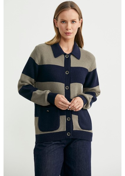 Yünlü Renk Çizgili Cepli Triko Hırka - Lacivert