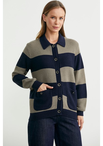 Yünlü Renk Çizgili Cepli Triko Hırka - Lacivert fiyatları