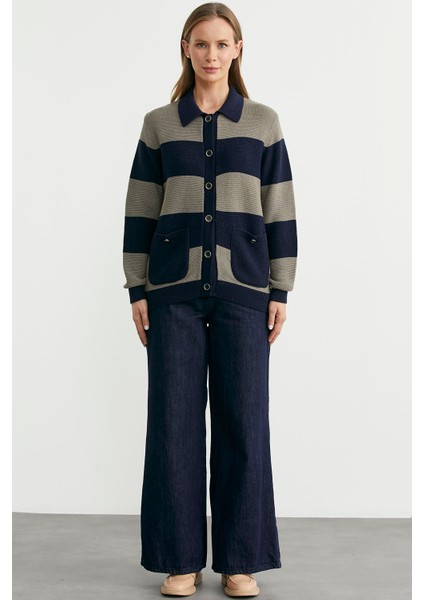 Yünlü Renk Çizgili Cepli Triko Hırka - Lacivert modelleri