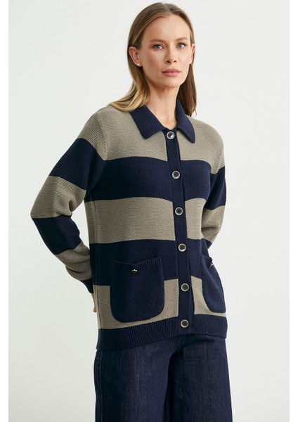 Yünlü Renk Çizgili Cepli Triko Hırka - Lacivert fırsatları