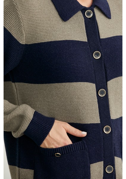 Yünlü Renk Çizgili Cepli Triko Hırka - Lacivert indirimleri