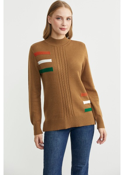 Dik Yaka Renk Detaylı Triko Kazak - Kamel