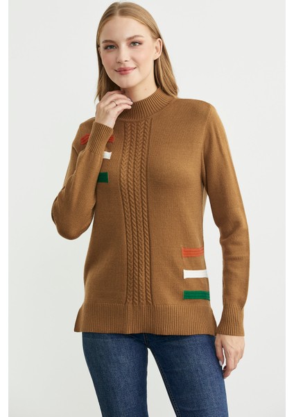 Dik Yaka Renk Detaylı Triko Kazak - Kamel fiyatları