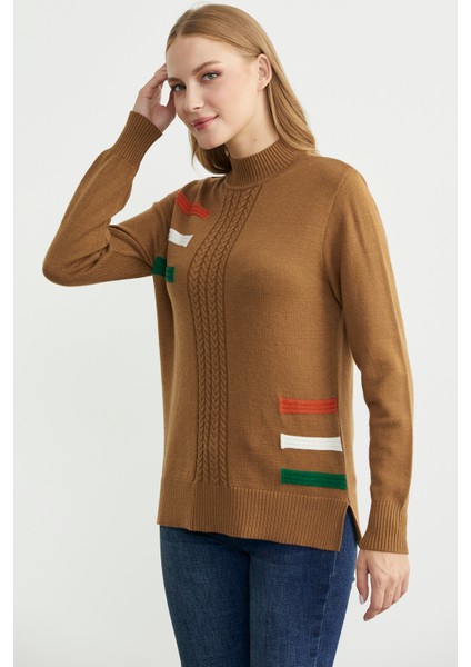 Dik Yaka Renk Detaylı Triko Kazak - Kamel modelleri