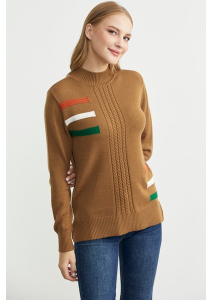 Dik Yaka Renk Detaylı Triko Kazak - Kamel fırsatları