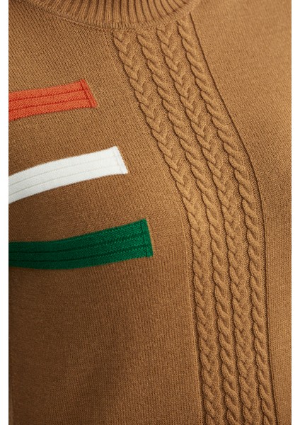 Dik Yaka Renk Detaylı Triko Kazak - Kamel indirimleri