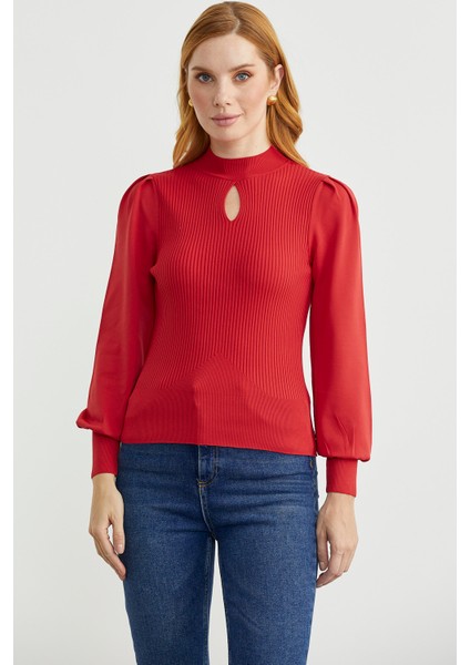 Dik Yaka Balon Kol Triko Kazak - Kırmızı