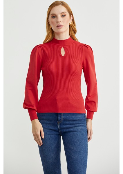 Dik Yaka Balon Kol Triko Kazak - Kırmızı fiyatları