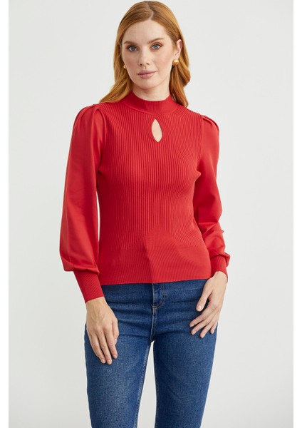 Dik Yaka Balon Kol Triko Kazak - Kırmızı modelleri