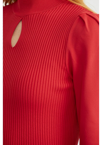 Dik Yaka Balon Kol Triko Kazak - Kırmızı fırsatları