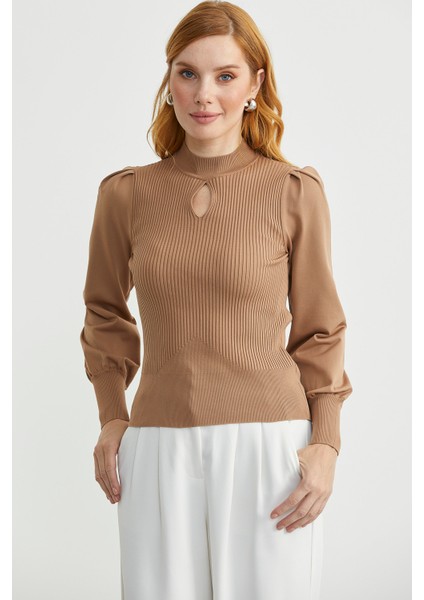 Dik Yaka Balon Kol Triko Kazak - Kamel