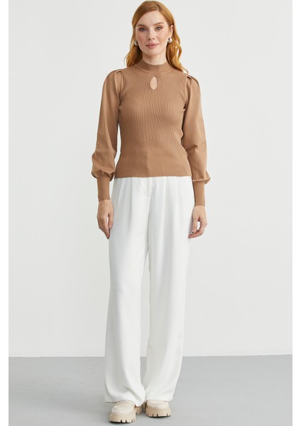 Dik Yaka Balon Kol Triko Kazak - Kamel fiyatları