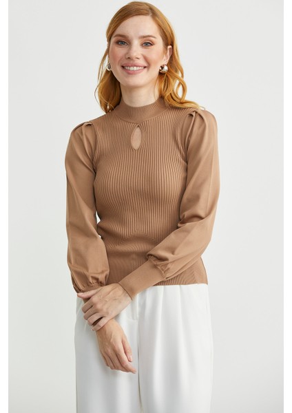 Dik Yaka Balon Kol Triko Kazak - Kamel modelleri