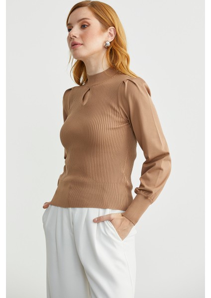 Dik Yaka Balon Kol Triko Kazak - Kamel fırsatları