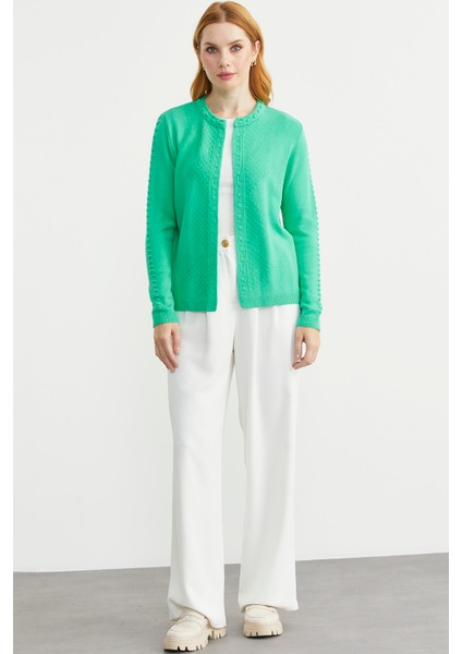 Yuvarlak Yaka Motifli Triko Hırka - Yeşil