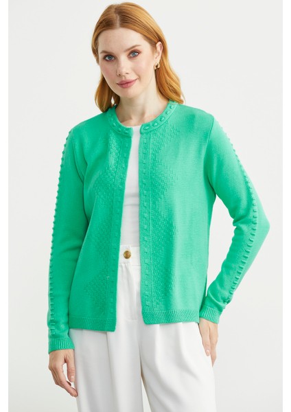 Yuvarlak Yaka Motifli Triko Hırka - Yeşil fiyatları