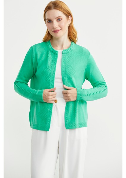 Yuvarlak Yaka Motifli Triko Hırka - Yeşil modelleri