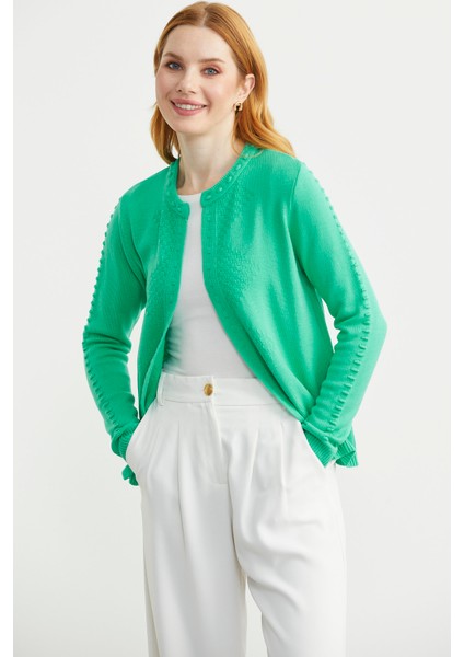 Yuvarlak Yaka Motifli Triko Hırka - Yeşil fırsatları