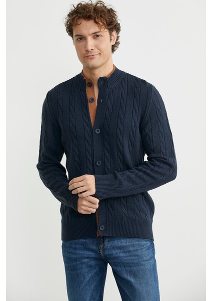 Düğmeli Saç Örgü Triko Hırka - Lacivert fiyatları