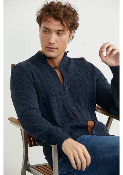 Düğmeli Saç Örgü Triko Hırka - Lacivert fırsatları