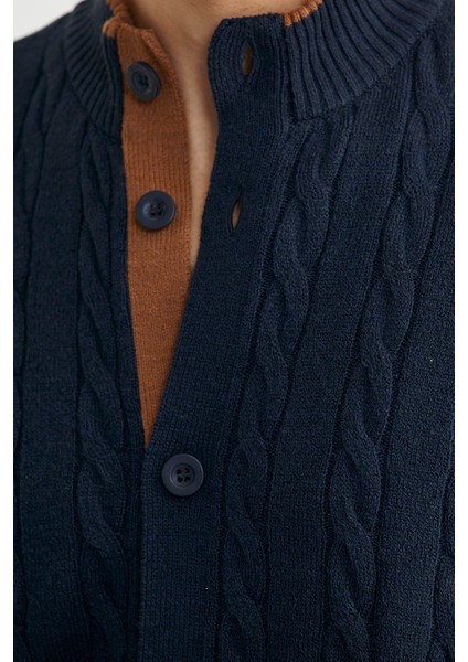 Düğmeli Saç Örgü Triko Hırka - Lacivert indirimleri