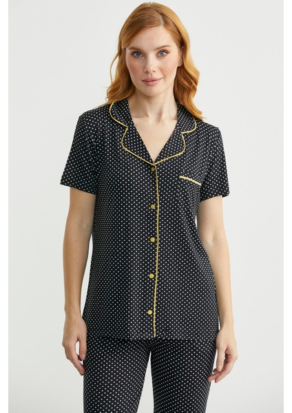 Düğmeli Puantiye Desenli Gömlek Pijama Takım - Siyah