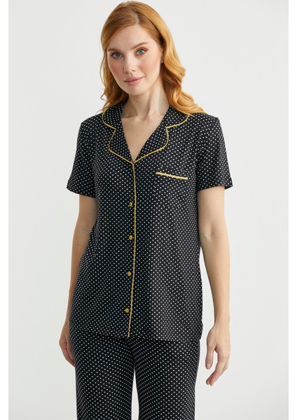 Düğmeli Puantiye Desenli Gömlek Pijama Takım - Siyah fiyatları