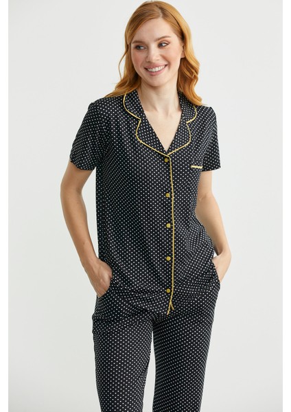 Düğmeli Puantiye Desenli Gömlek Pijama Takım - Siyah modelleri