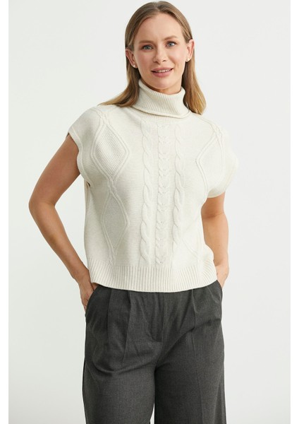 Tam Balıkçı Crop Triko Süveter - Kemik