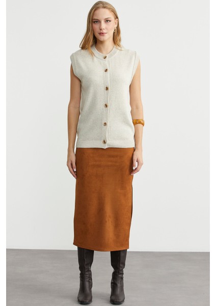 Düğme Kapamalı Yünlü Triko Yelek - Taş modelleri