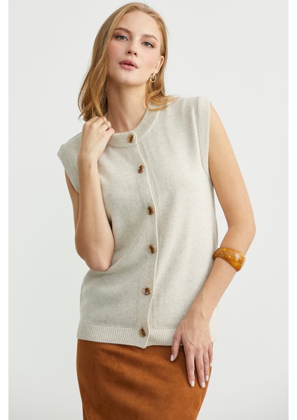 Düğme Kapamalı Yünlü Triko Yelek - Taş indirimleri