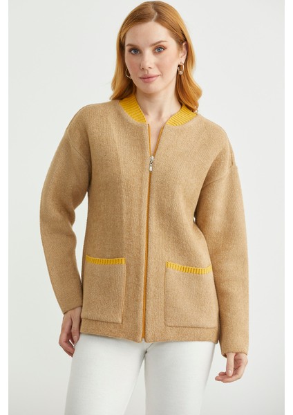 Fermuarlı Cep Detaylı Yünlü Triko Ceket - Bej
