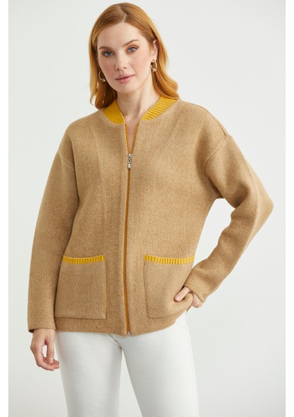 Fermuarlı Cep Detaylı Yünlü Triko Ceket - Bej fiyatları