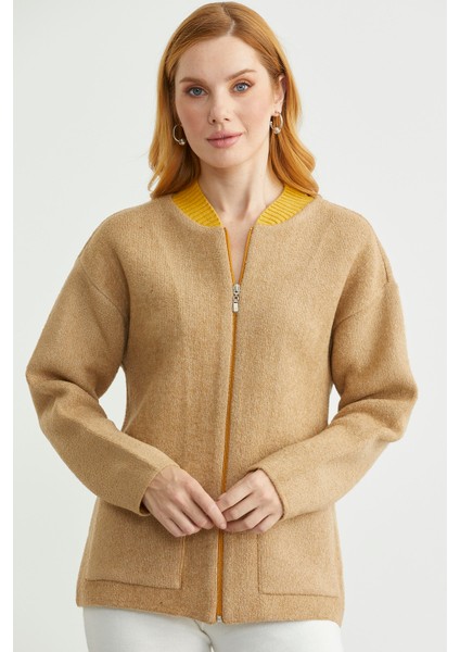 Fermuarlı Cep Detaylı Yünlü Triko Ceket - Bej modelleri