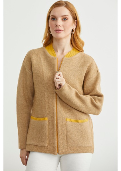 Fermuarlı Cep Detaylı Yünlü Triko Ceket - Bej fırsatları