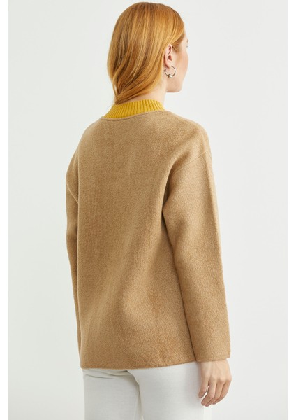 Fermuarlı Cep Detaylı Yünlü Triko Ceket - Bej indirimleri